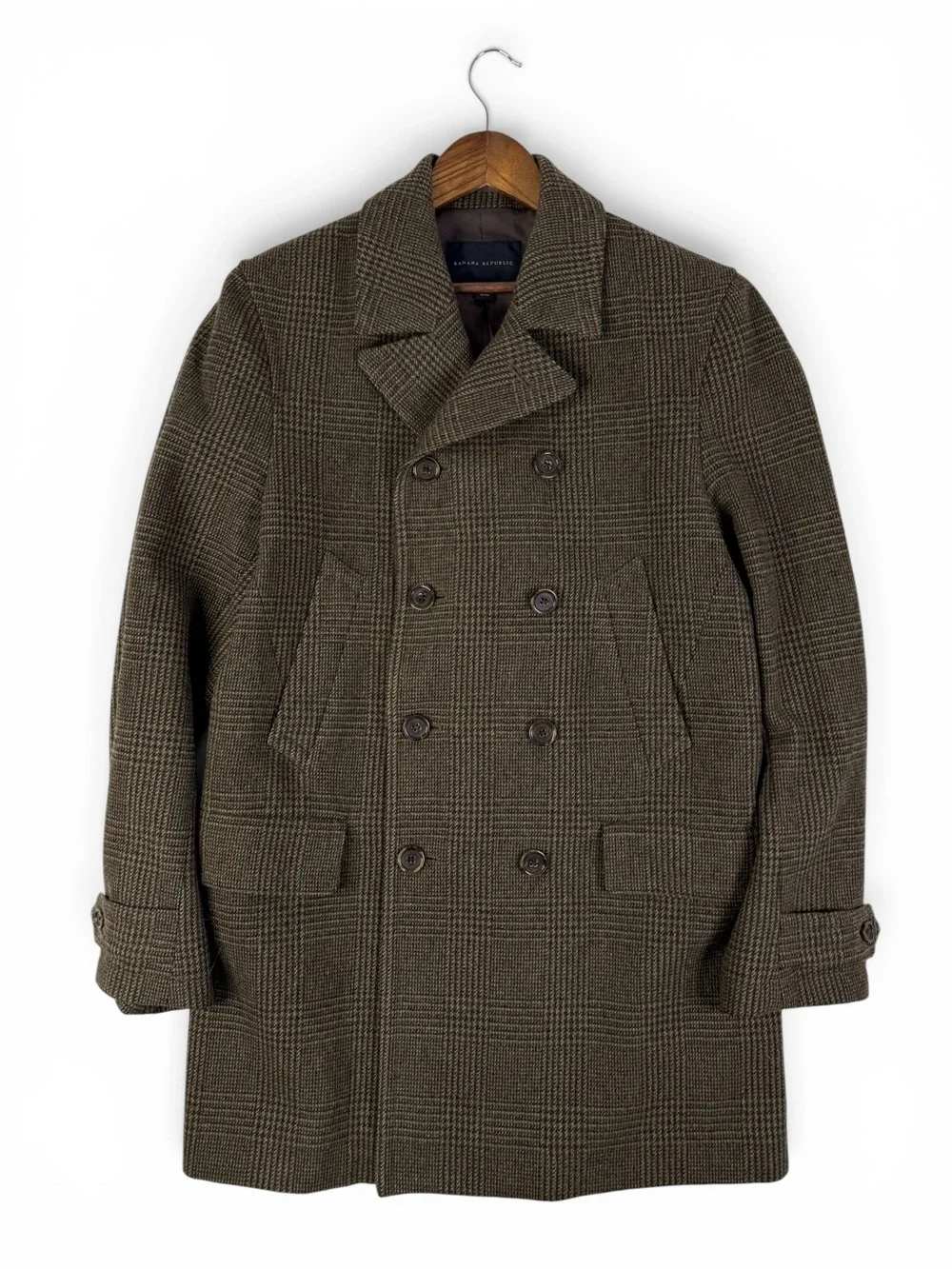 Banana Republic Heritage Brown Plaid Double Breasted Wool Peacoat M